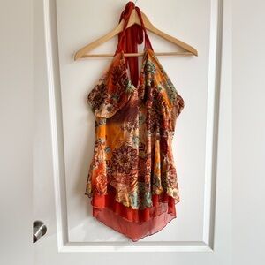 Vintage Y2K Asymmetrical Halter Top Size XL Fairy Boho Floral Sunset